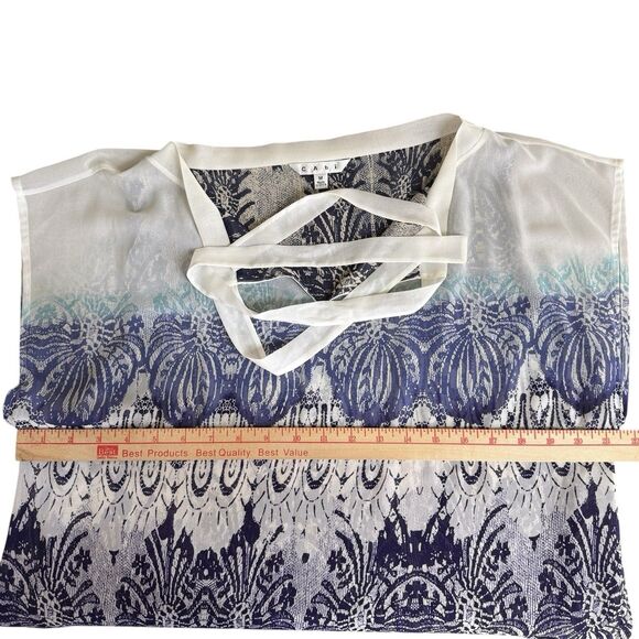 CAbi Blouse Medium Geo Moroccan Blue Print Tie Neck Flowy Layered Shell Top - Picture 12 of 14